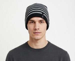CRP Black Gray Striped Rib Knit Beanie Hat Adult One Size Wool Blend Unisex VG